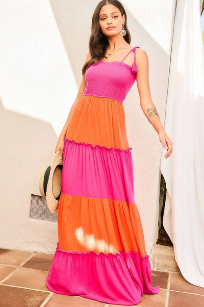 PLUS SIZE Color Block Tier Ruffle Solid Maxi Dress